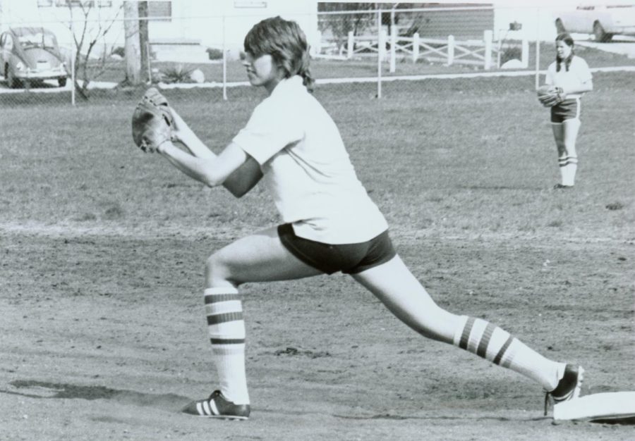 The women's softball team in 1973 was composed of 20 young women coached by Jane Mertesdorf.