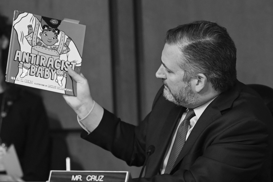 Texas senator Ted Cruz during Jacksons hearings asks if the book is teaching children if babies are racists.