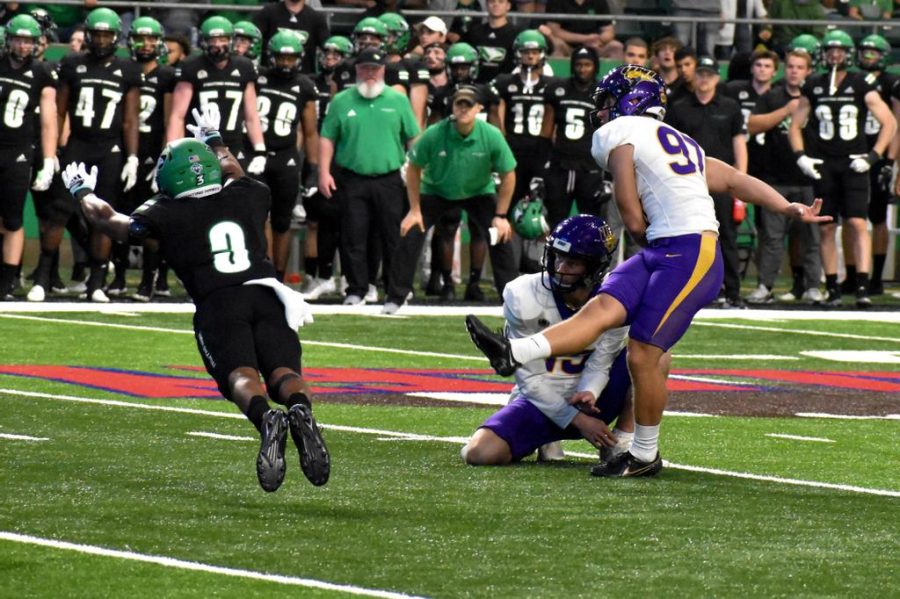 Matthew Cook (97) attempts a field goal during UNIs 29-27 loss to North Dakota. 