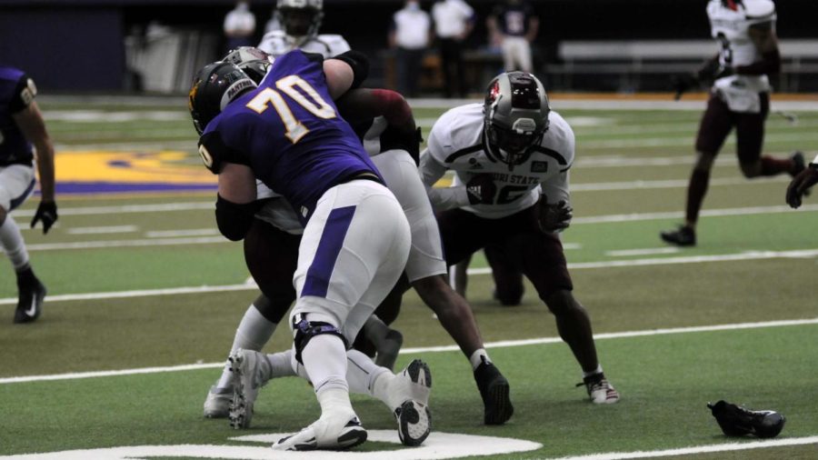 Trevor Penning (70) during UNIs 13-6 loss to Missouri State on March 20, 2021. Penning was selected 19th overall in the 2022 NFL Draft by the New Orleans Saints. Penning is currently on the injured reserve. 