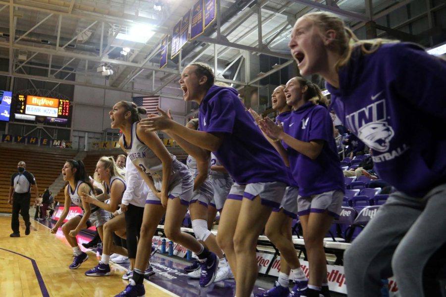 UNIs bench gets fired up during the Panthers 74-65 win over Missouri State on Jan. 13, 2022. UNI will begin their 2022-23 season on Nov. 1, hosting Cornell for an exhibition. They will host St. Thomas in their regular season opener on Nov. 7. 