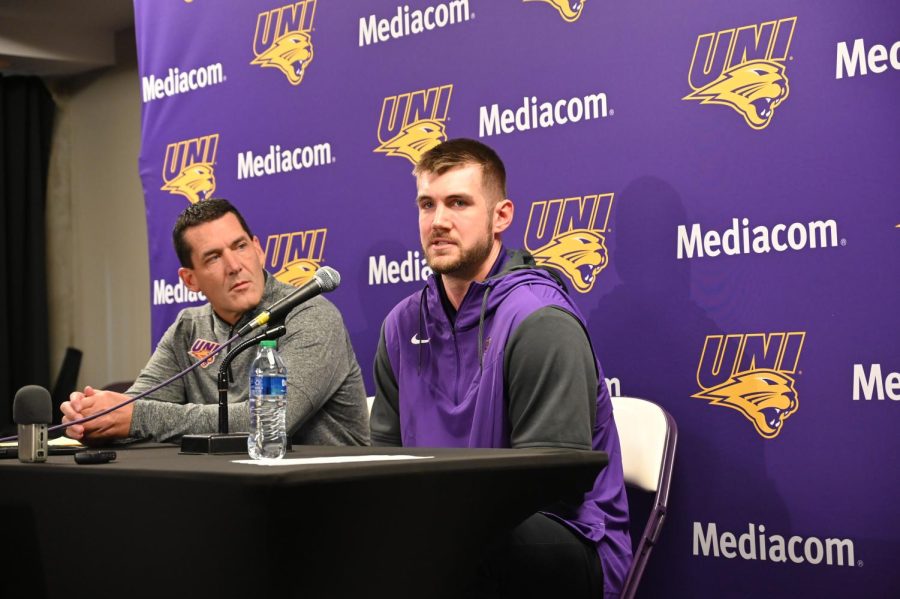 Austin Phyfe, alongside UNI mens basketball Head Coach Ben Jacobson, spoke to the media during UNIs annual mens basketball media day this past Monday, Oct. 17. 