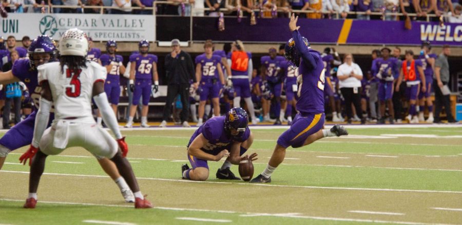 Matthew Cook (97) has a chance to become the UNI and MVFC all-time leader in career field goals made on Saturday. Cook has made 63, while the current record is 64. 