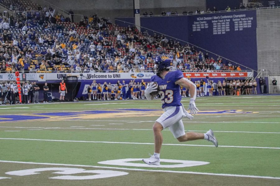 Sam Schnee (23) had a standout game on Saturday, catching five passes for 143 yards and a touchdown during UNIs 41-14 win over Utah Tech. 