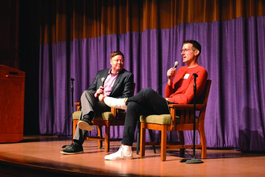 Eric Braley (left) and Christopher Cook (right), producer of Kinnick: The Documentary, discuss how the documentary came to be. 