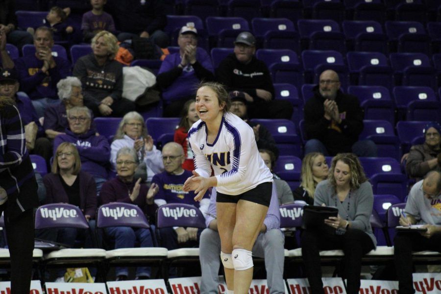 Sydney Petersen smiles during warmups before UNIs volleyball match against Missouri State on Saturday, Nov. 12, 2022.
