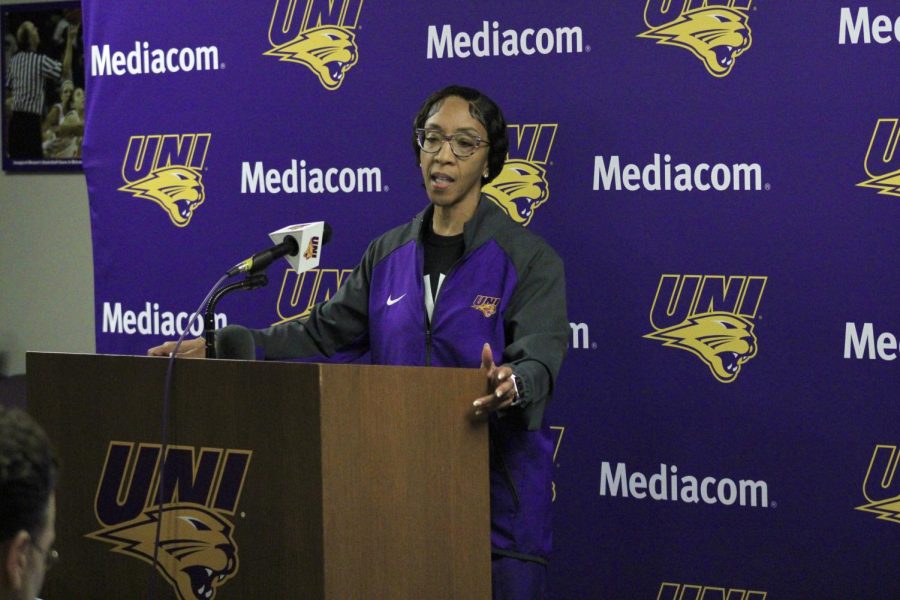 UNI womens basketball Head Coach Tanya Warren spoke to the media during womens basketballs annual media day last Thursday. 