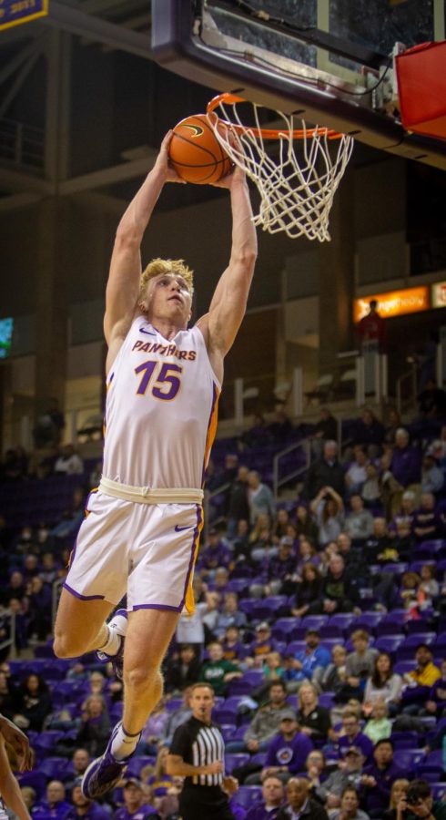 Michael+Duax+%2815%29+dunks+the+ball+during+UNIs+loss+to+McNeese+State.+Duax+recorded+a+double-double+on+Friday%2C+the+first+of+his+career.