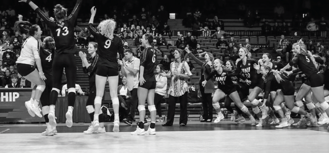 UNIs bench rushes to the floor after UNI secured their first NCAA Tournament victory since 2017, taking down Florida State 3-0. 