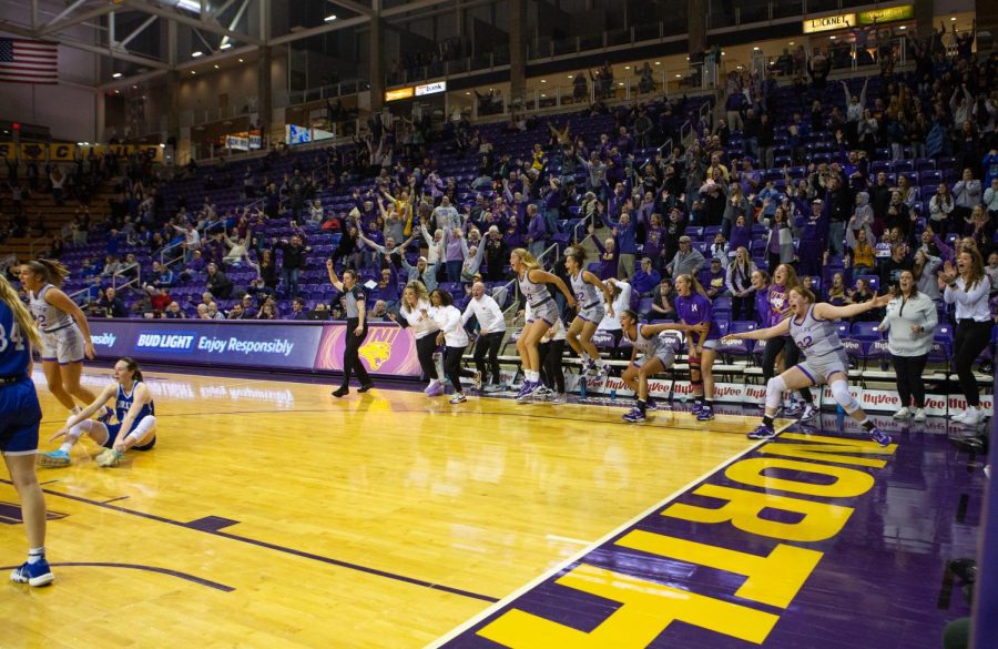 Head Coach Tanya Warren, alongside her staff and bench, celebrate a game-winning shot. Coach Warren just picked up her 300th career victory, a huge milestone in an already illustrious career. Coach Warren also broke the Missouri Valley Conference record for most games coached, leading the Panthers in her 507th game at the helm. 