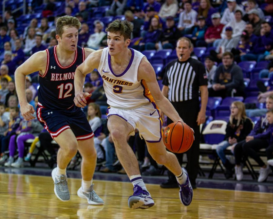 Landon Wolf (3) scored a career-high 21 points in UNIs 83-75 Senior Day loss against Belmont. 