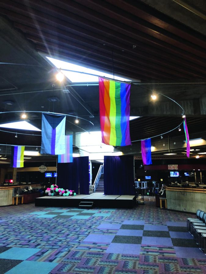 As part of the Pride Week celebrations, Maucker Union displayed various pride flags in the coffeehouse area.