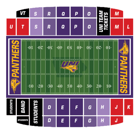 The above seating map for the 2023 football season was published in a press release by UNI Athletics. The darkest shade of purple represents Tier 1 tickets, with decreasing tiers for each lighter shade. Red represents red zone tickets, and the new band and student sections are labeled with text.
