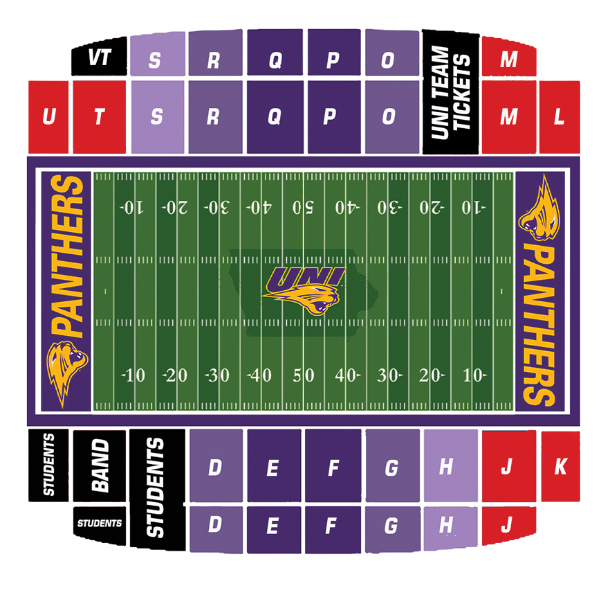 The+above+seating+map+for+the+2023+football+season+was+published+in+a+press+release+by+UNI+Athletics.+The+darkest+shade+of+purple+represents+Tier+1+tickets%2C+with+decreasing+tiers+for+each+lighter+shade.+Red+represents+red+zone+tickets%2C+and+the+new+band+and+student+sections+are+labeled+with+text.