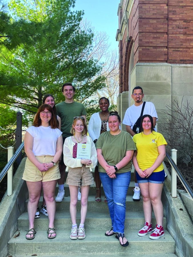 The Northern Iowan 2022-23 staff. From left to right, back row: Lanie Weber, David Warrington, Diamond Roundtree, Nixson Benitez. Front row: Mallory Schmitz, Sophie Hoffmeier, Emma Koehler, Karina Ortiz.