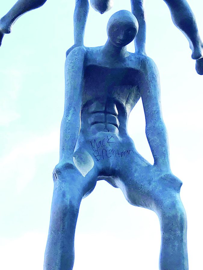 The vandalism first appeared early last week. The name Mack Brightman was written on the lower abdomen of the lowest acrobat on the sculpture. The name has since been removed.