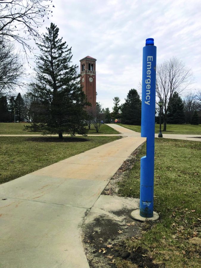 The blue safety poles were originally installed in high-traffic areas on campus in the ‘90s. Since the introduction of cell phones, the blue phones have had very little usage. The transition to the Rave Guardian app reflects an effort to keep up with changing technology to best serve student safety.