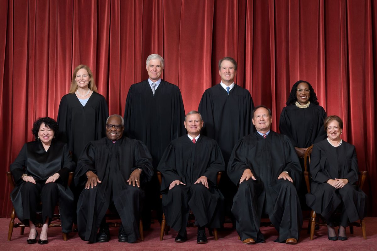 Supreme Court Justices seated from left are Justices Sonia Sotomayor, Clarence Thomas, Chief Justice John G. Roberts, Jr., and Justices Samuel A. Alito and Elena Kagan.  

Standing from left are Justices Amy Coney Barrett, Neil M. Gorsuch, Brett M. Kavanaugh, and Ketanji Brown Jackson.

