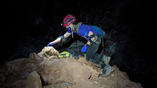 Junior biology and biochemistry double-major Jacqueline Heggen collects a sample from Wind Cave National Park in South Dakota. UNI students and faculty are using the research to explore how life survives in extreme environments.