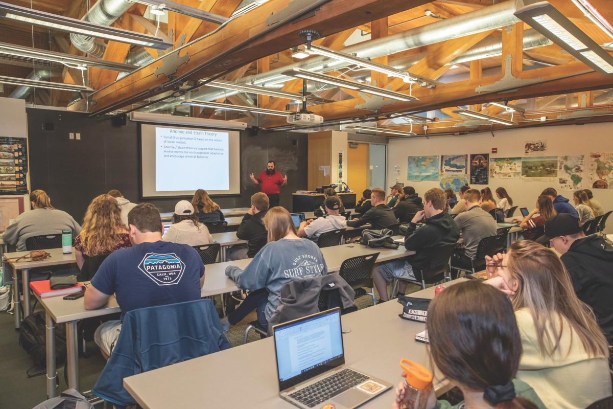 Students listen and take notes as a professor speaks during a class. According to DeBoef’s survey of UNI students from over 20 different majors, 70% of students believe college classes within their major effectively prepare them for their future career.