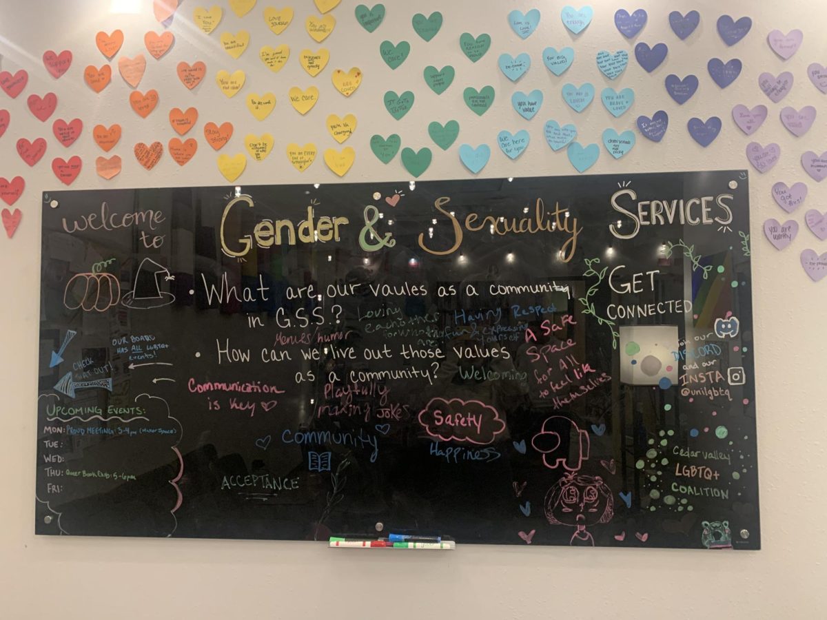 Gender and Sexuality Services is located near the Panther Den. Their goals are encapsulated on the board above.