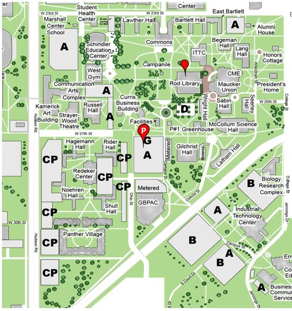 The map above provides information on the designated parking lots on and surrounding UNI campus. Signs at the entrances to all parking lots designate its pass holder availability and the times students can park in the parking lot.