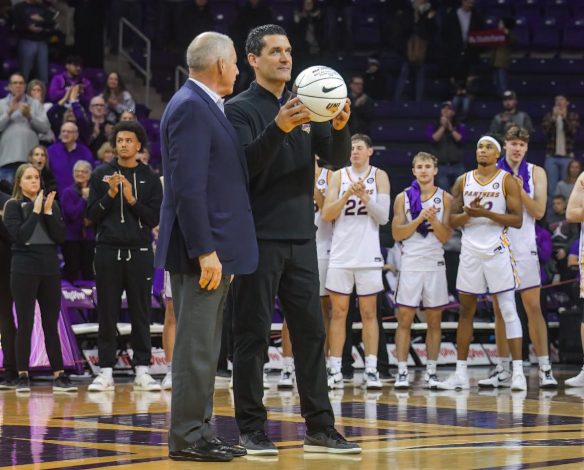 Ben Jacobson, pictured above, is celebrated with an official ball commemorating him being the winningest coach in the Missouri Valley Conference.