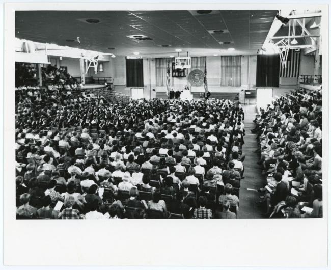 Commencement was traditionally held in the West Gym. The above photo shows Summer Commencement in 1967.