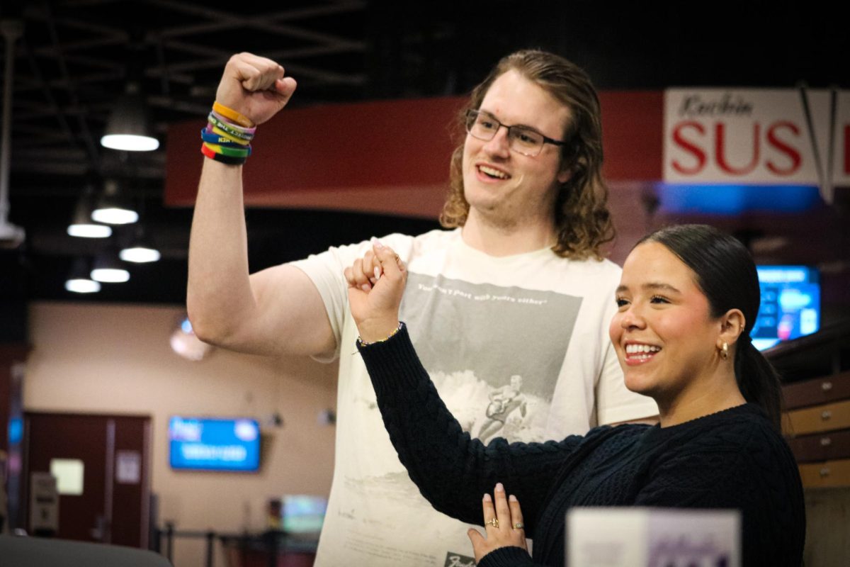 President-elect Lizbeth Montalvo and vice-president elect Joshua Walsh celebrate their win as Northern Iowa Student Governments next president and vice president.