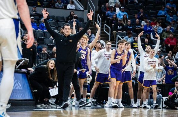 The Panthers bench and coaching staff celebrates a 3-pointer against the Indiana State Sycamores.