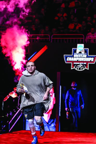 Keckeisen makes his entrance for his championship match on Saturday.