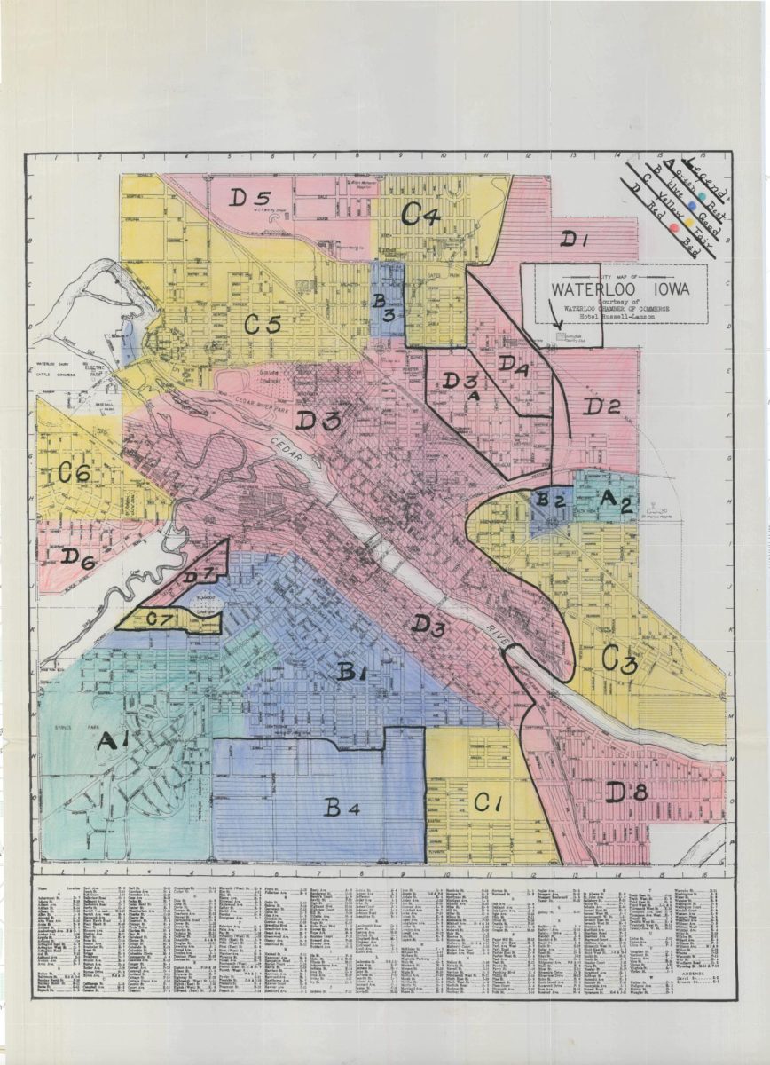 In the 1930s, the Homeowners Land Corporation created a series of redlining maps, like the one above of Waterloo, Iowa. These maps classified areas of the cities based on the level of real estate security, which likely played a role in companies denying loans to minority populations for decades. The effects are still felt today, with Wallstreet 24/7 ranking Waterloo as the sixth worst place to be Black in the United States in 2023.