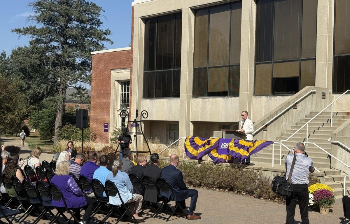 President Mark Nook gave a speech commemorating the ringing of the sesquicentennial bell on Monday, Sept. 29. Nook was joined by numerous UNI faculty, staff and students who were eager to hear the sesquicentennial bell ring.