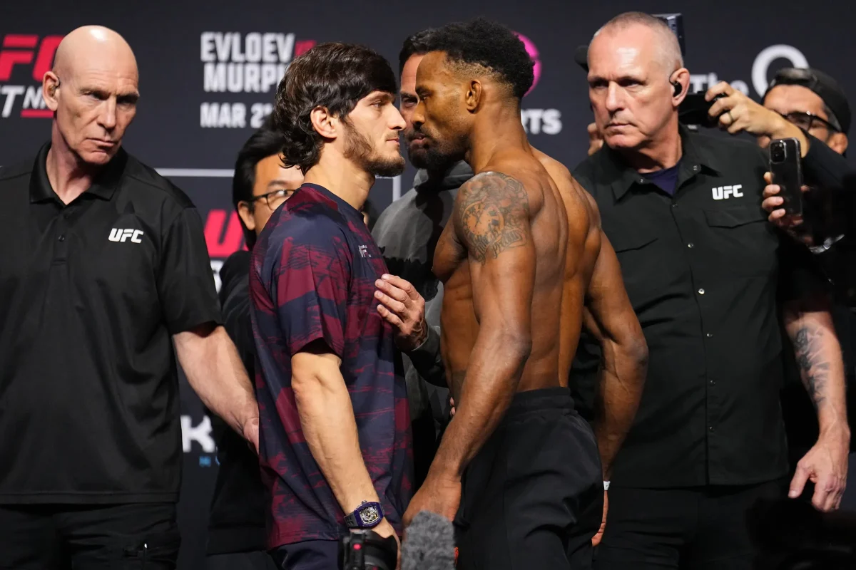 Opponents Movsar Evloev of Russia and Lerone Murphy of England faced off at the UFC Fight Night ceremonial weigh-in at The O2 on March 20, 2026 in London, England. 