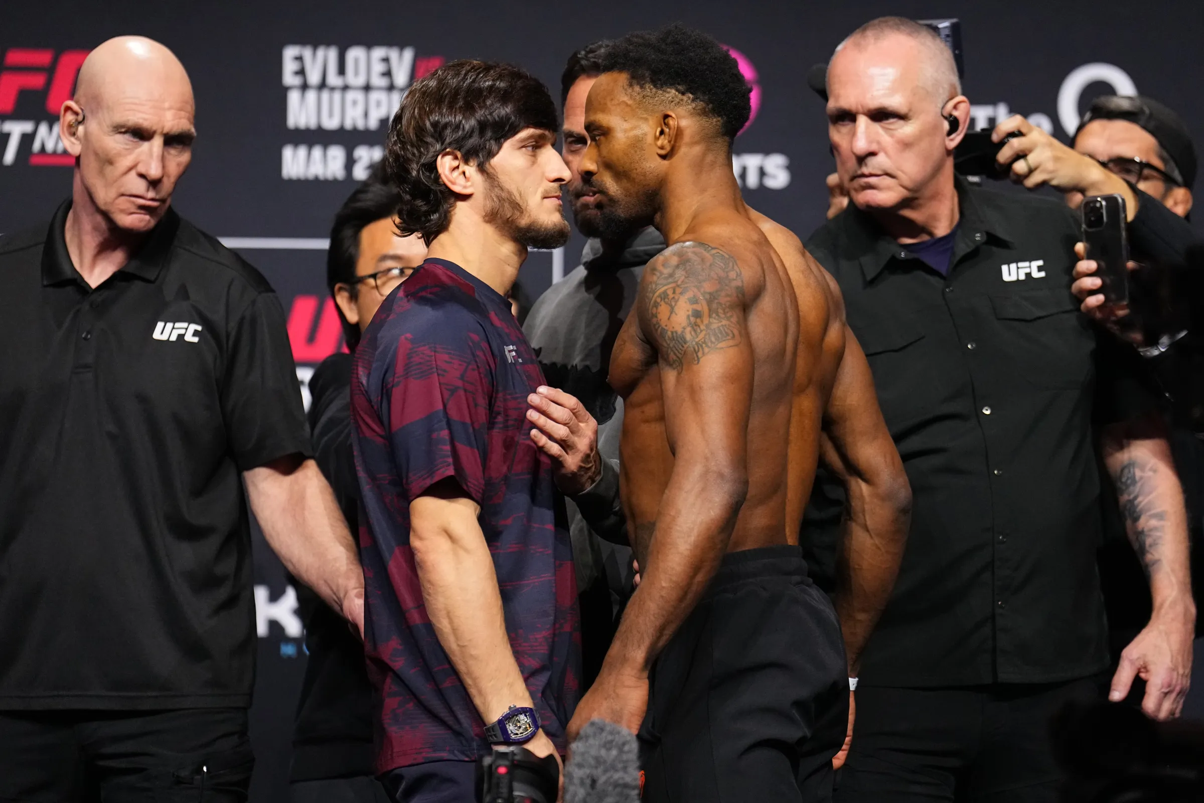 Opponents Movsar Evloev of Russia and Lerone Murphy of England faced off at the UFC Fight Night ceremonial weigh-in at The O2 on March 20, 2026 in London, England. 