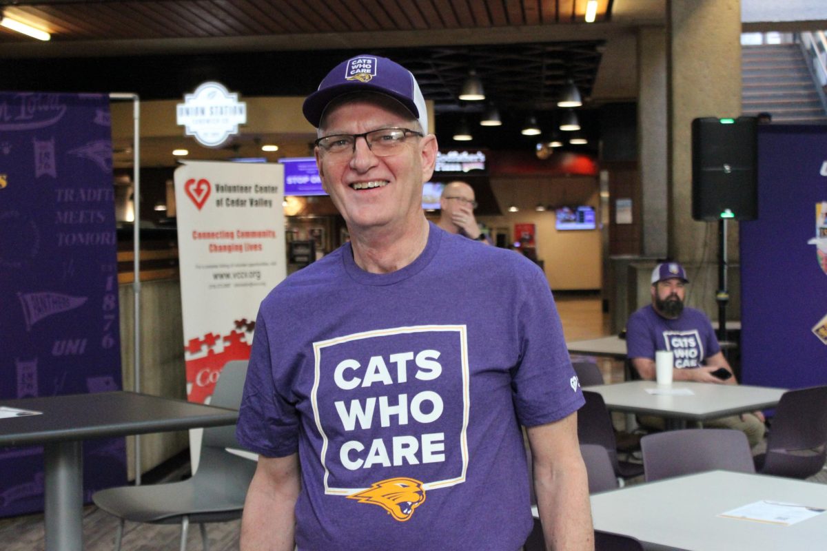 UNI President Mark Nook was dressed up in his 'Cats who Care' gear to celebrate UNI's Day of Service on April 8.